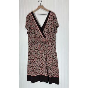 Studio I Dress 24W Brown Pink Retro Print V Neck Empire Waist Stretchy Y2K VTG